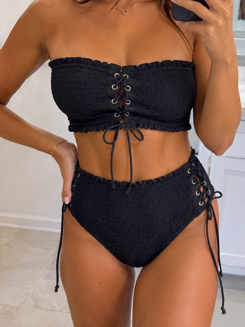 Smocked Lace-Up Bandeau Bikini Set in Black - Women Swim - brand new-never worn